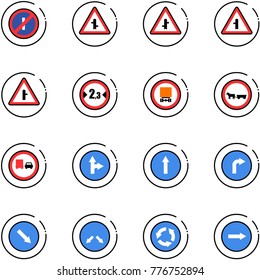 line vector icon set - no parkin odd, intersection vector road sign, limited width, dangerous cargo, cart horse, truck overtake, only forward right, detour, circle