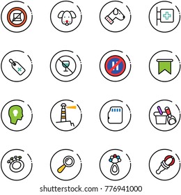 line vector icon set - no computer sign vector, dog, first aid room, medical label, alcohol, parking even road, flag, head bulb, lighthouse, micro flash card, shovel bucket, beanbag