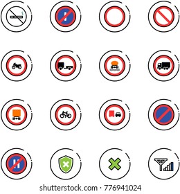 line vector icon set - no smoking sign vector, parkin odd, prohibition road, moto, trailer, dangerous cargo, truck, bike, overtake, parking, even, shield cross, delete, fine signal