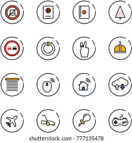 line vector icon set - no computer sign vector, passport, christmas tree, overtake road, standby, victory, crown, jalousie, mouse wireless, home, cloud exchange data, plane, lawn mower, oiler