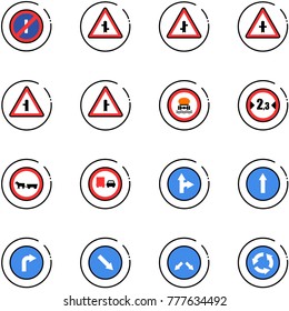 line vector icon set - no parkin odd, intersection vector road sign, dangerous cargo, limited width, cart horse, truck overtake, only forward right, detour, circle