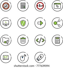 line vector icon set - no computer sign vector, calculator, limited width road, cursor browser, monitor, shield, right arrow, share, shared folder, trash bin, tag code, statistics, mouse wireless