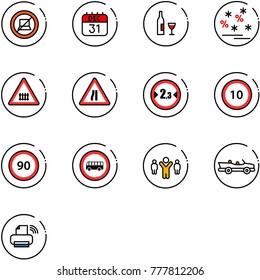 line vector icon set - no computer sign vector, 31 dec calendar, wine, christmas sale, railway intersection road, narrows, limited width, speed limit 10, 90, bus, team leader, cabrio