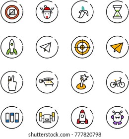 line vector icon set - no computer sign vector, christmas deer hat, banana, sand clock, rocket, paper fly, target, victory, helicopter, palm, bike, battery, sharpening, toy monster