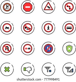line vector icon set - no mobile sign vector, way road, multi lane traffic, left turn, moto, horn, pedestrian, bus, back, overtake, parking even, shield cross, delete, dislike, signal, fine