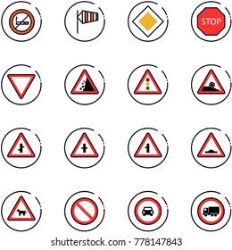 line vector icon set - no smoking sign vector, side wind, main road, stop, giving way, landslide, traffic light, steep roadside, intersection, artificial unevenness, cow, prohibition, car, truck