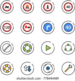line vector icon set - no moto vector road sign, dangerous cargo, pedestrian, speed limit 40, 120, truck overtake, only right, minimal, lifebuoy, play, community, up down arrows, cd, sledgehammer