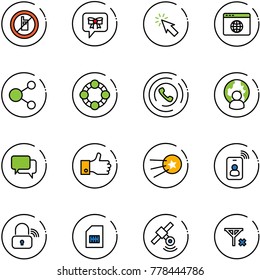 line vector icon set - no mobile sign vector, bow message, cursor, browser globe, share, friends, phone horn, man, dialog, finger up, first satellite, identity card, wireless lock, sim, signal