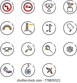 line vector icon set - no left turn vector road sign, truck overtake, gold cup, win, rainbow, lighthouse, bezier, fretsaw, pipe welding, paint roller, horse stick toy, cube, constructor blocks, yoyo