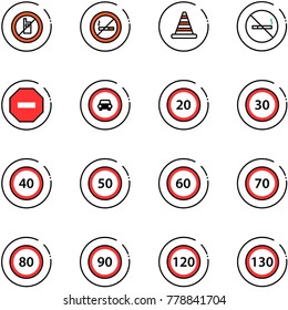 line vector icon set - no mobile sign vector, smoking, road cone, way, car, speed limit 20, 30, 40, 50, 60, 70, 80, 90, 120, 130