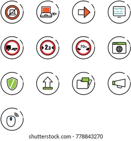 line vector icon set - no computer sign vector, netabook connect, right arrow, diagnostic monitor, trailer road, limited width, distance, browser globe, shield, uplooad, folder, loudspeaker