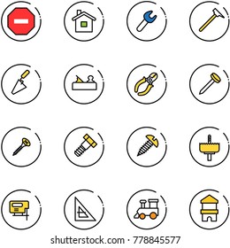line vector icon set - no way vector road sign, home, wrench, mason hammer, trowel, jointer, side cutters, nail, screw, bolt, crown drill, jig saw, corner ruler, toy train, block house