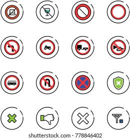 line vector icon set - no computer sign vector, alcohol, prohibition road, left turn, moto, trailer, horn, bus, back, stop, shield cross, delete, dislike, signal