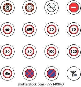 line vector icon set - no mobile sign vector, computer, smoking, way road, car, truck, speed limit 20, 30, 50, 80, 100, 120, bike, stop, parking, signal