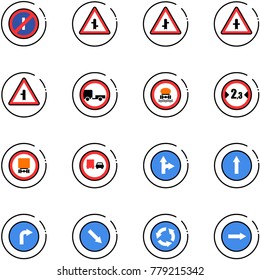 line vector icon set - no parkin odd, intersection vector road sign, trailer, dangerous cargo, limited width, truck overtake, only forward right, detour, circle
