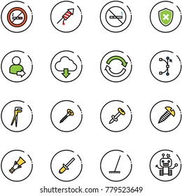 line vector icon set - no smoking sign vector, firework rocket, shield cross, user login, download cloud, refresh, bezier, plumber, screw, nail dowel, clinch, rake, robot