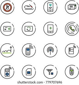 line vector icon set - no mobile sign vector, snowmobile, heart monitor, credit card, tap pay, exchange, payment, phone horn, growth, antenna, server wireless, music player, sim, signal, toy