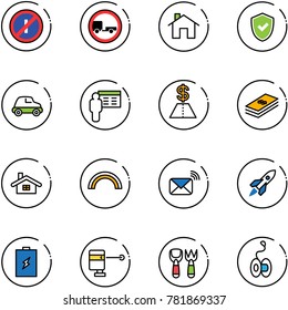 line vector icon set - no parkin odd, trailer vector road sign, home, shield check, car, presentation, dollar, rainbow, wireless mail, rocket, battery, laser lever, shovel fork toy, yoyo