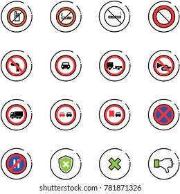 line vector icon set - no mobile sign vector, smoking, prohibition road, left turn, car, trailer, horn, truck, overtake, stop, parking even, shield cross, delete, dislike