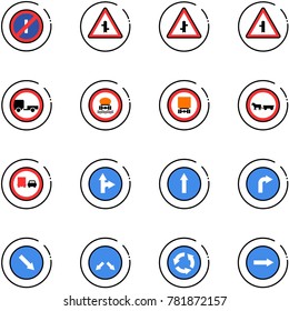 line vector icon set - no parkin odd, intersection vector road sign, trailer, dangerous cargo, cart horse, truck overtake, only forward right, detour, circle