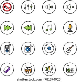 line vector icon set - no horn vector road sign, settings, volume medium, off, fast forward, backward, music, microphone, player, wireless speaker, cd, guitar, tambourine, drum, xylophone, radio