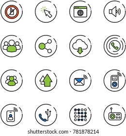 line vector icon set - no mobile sign vector, cursor, browser globe, volume medium, group, share, download cloud, phone horn, arrow up, wireless mail, music player, identity card, circuit, radio
