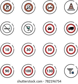 line vector icon set - no mobile sign vector, computer, smoking, road cone, alcohol, car, truck, speed limit 10, 30, 50, 80, 90, 100, 130, signal