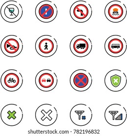 line vector icon set - no alcohol sign vector, parkin odd, left turn road, dangerous cargo, horn, pedestrian, truck, bus, bike, overtake, stop, shield cross, delete, signal, fine