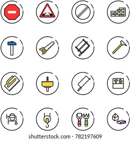 line vector icon set - no way vector road sign, drawbridge, limit, brick wall, hammer, saw, bucksaw, mason, trowel, crown drill, metal hacksaw, tool box, cocncrete mixer, winch, shovel fork toy