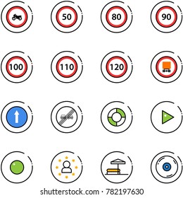 line vector icon set - no moto vector road sign, speed limit 50, 80, 90, 100, 110, 120, dangerous cargo, only forward, end overtake, lifebuoy, play, record, star man, inflatable pool, cd
