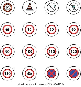 line vector icon set - no computer sign vector, road cone, smoking, alcohol, car, speed limit 10, 20, 60, 90, 100, 110, 120, 130, bike, stop, parking