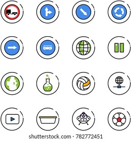 line vector icon set - no trailer vector road sign, only forward right, detour, circle, bus, globe, pause, round flask, volleyball, playback, basin, ufo toy, soccer ball