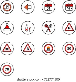 line vector icon set - no mobile sign vector, left arrow, 31 dec calendar, christmas, hat, wine, santa stick, oncoming traffic road, railway intersection, narrows, dangerous cargo, speed limit 30