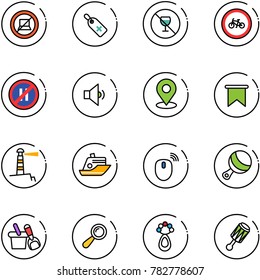 line vector icon set - no computer sign vector, medical label, alcohol, bike road, parking even, low volume, map pin, flag, lighthouse, cruiser, mouse wireless, beanbag, shovel bucket