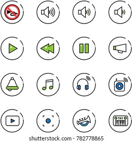 line vector icon set - no horn vector road sign, volume max, medium, low, play, fast backward, pause, loudspeaker, bell, music, wireless headphones, speaker, playback, record button, toy, piano