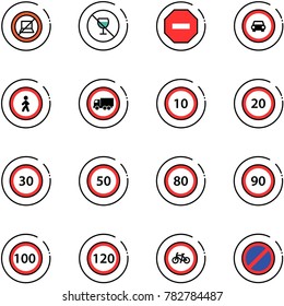 line vector icon set - no computer sign vector, alcohol, way road, car, pedestrian, truck, speed limit 10, 20, 30, 50, 80, 90, 100, 120, bike, parking