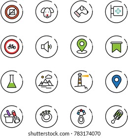 line vector icon set - no computer sign vector, dog, first aid room, bike road, low volume, map pin, flag, flask, mountains, lighthouse, navigation, shovel bucket, beanbag