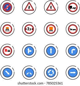 line vector icon set - no parkin odd, intersection vector road sign, trailer, dangerous cargo, limited width, cart horse, truck overtake, only forward right, detour, circle