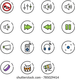 line vector icon set - no horn vector road sign, settings, volume max, medium, low, fast forward, backward, pause, loudspeaker, music player, wireless headphones, record button, tambourine, drum