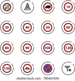 line vector icon set - no computer sign vector, road cone, truck, speed limit 10, 30, 40, 50, 60, 80, 90, 100, 120, 130, bike, parking, signal