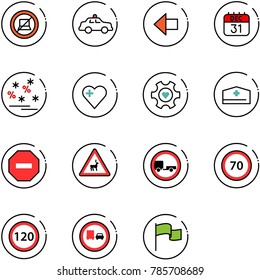 line vector icon set - no computer sign vector, safety car, left arrow, 31 dec calendar, christmas sale, heart, gear, doctor hat, way road, wild animals, trailer, speed limit 70, 120, truck overtake