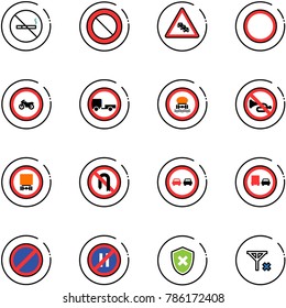 line vector icon set - no smoking sign vector, prohibition road, multi lane traffic, moto, trailer, dangerous cargo, horn, turn back, overtake, truck, parking, even, shield cross, signal