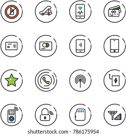 line vector icon set - no mobile sign vector, trap truck, heart monitor, credit card, tap pay, payment, phone, star, horn, antenna, power bank, music player, wireless lock, micro flash, fine signal
