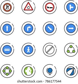 line vector icon set - no mobile sign vector, round motion road, cart horse, only forward right, detour, bus, pedestrian way, limit, social, friends, globe, beach ball