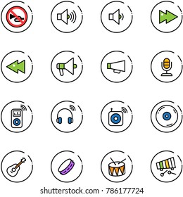 line vector icon set - no horn vector road sign, volume max, low, fast forward, backward, loudspeaker, microphone, music player, wireless headphones, speaker, cd, guitar, tambourine, drum, xylophone