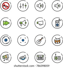 line vector icon set - no horn vector road sign, settings, volume max, medium, fast forward, loudspeaker, music player, cd, record button, guitar, drum, xylophone, toy, piano, radio