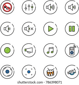 line vector icon set - no horn vector road sign, settings, volume max, medium, low, off, play, pause, record, loudspeaker, music, player, cd, button, drum, toy