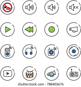 line vector icon set - no horn vector road sign, volume max, medium, off, play, fast backward, record, loudspeaker, music player, wireless headphones, speaker, cd, playback, drum, toy, radio