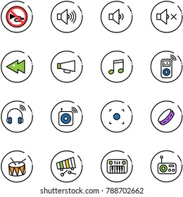 line vector icon set - no horn vector road sign, volume max, low, off, fast backward, loudspeaker, music, player, wireless headphones, speaker, record button, tambourine, drum, xylophone, toy piano