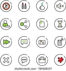 line vector icon set - no mobile sign vector, candle, onion, volume off, user password, share, attachment, sand clock, fast forward, chat, photo, remote control, delete, tool box, puzzle